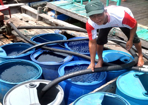 Do làng ở cách xa đất liền 20 km đường biển nên anh Nguyễn Văn Phú hàng ngày điều khiển tàu công suất lớn vào đất liền mua nước ngọt. Anh bơm đầy các thùng phuy nhựa rồi vận chuyển về làng chài, bán lại cho người dân.